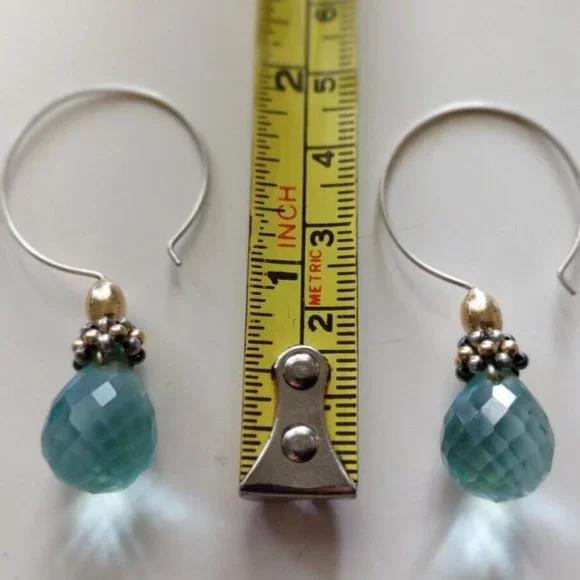 Teardrop Cut Aqua Glass Silver Hoop Dangle Earrings Approximately 2" tall - Picture 4 of 7